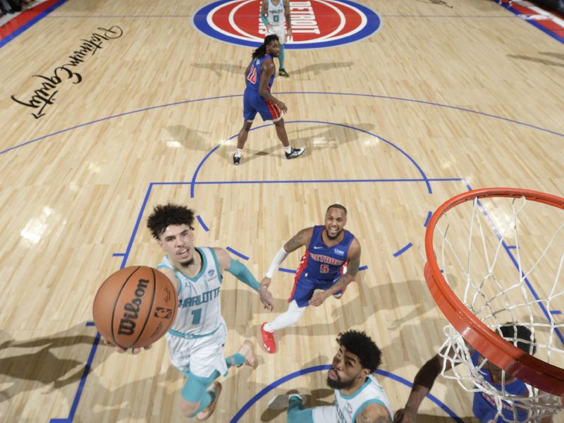 DETROIT, MI - JANUARY 24: LaMelo Ball #1 of the Charlotte Hornets drives to the basket during the game against the Detroit Pistons on January 24, 2024 at Little Caesars Arena in Detroit, Michigan. NOTE TO USER: User expressly acknowledges and agrees that, by downloading and/or using this photograph, User is consenting to the terms and conditions of the Getty Images License Agreement. Mandatory Copyright Notice: Copyright 2024 NBAE (Photo by Chris Schwegler/NBAE via Getty Images)