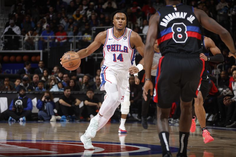 DETROIT, MI - NOVEMBER 30:  Ricky Council IV #14 of the Philadelphia 76ers dribbles the ball during the game against the Detroit Pistons during a regular season game on November 30, 2024 at Little Caesars Arena in Detroit, Michigan. NOTE TO USER: User expressly acknowledges and agrees that, by downloading and/or using this photograph, User is consenting to the terms and conditions of the Getty Images License Agreement. Mandatory Copyright Notice: Copyright 2024 NBAE (Photo by Brian Sevald/NBAE via Getty Images)