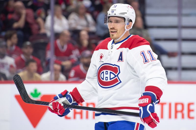 Oct 5, 2024; Ottawa, Ontario, CAN; Montreal Canadiens right wing Brendan Gallagher (11) draws a penalty in the second period against the Ottawa Senators at the Canadian Tire Centre. Mandatory Credit: Marc DesRosiers-Imagn Images