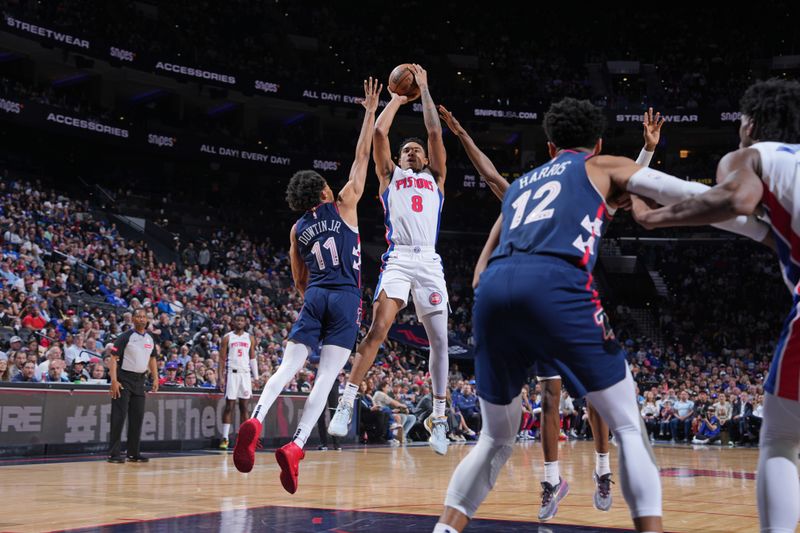 PHILADELPHIA, PA - APRIL 9: Jared Rhoden #8 of the Detroit Pistons shoots a three point basket during the game against the Philadelphia 76ers on April 9, 2024 at the Wells Fargo Center in Philadelphia, Pennsylvania NOTE TO USER: User expressly acknowledges and agrees that, by downloading and/or using this Photograph, user is consenting to the terms and conditions of the Getty Images License Agreement. Mandatory Copyright Notice: Copyright 2024 NBAE (Photo by Jesse D. Garrabrant/NBAE via Getty Images)