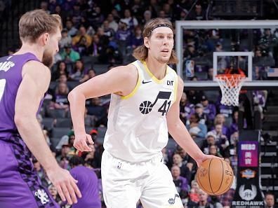 SACRAMENTO, CA - DECEMBER 16: Kelly Olynyk #41 of the Utah Jazz dribbles the ball during the game against the Sacramento Kings on December 16, 2023 at Golden 1 Center in Sacramento, California. NOTE TO USER: User expressly acknowledges and agrees that, by downloading and or using this Photograph, user is consenting to the terms and conditions of the Getty Images License Agreement. Mandatory Copyright Notice: Copyright 2023 NBAE (Photo by Rocky Widner/NBAE via Getty Images)