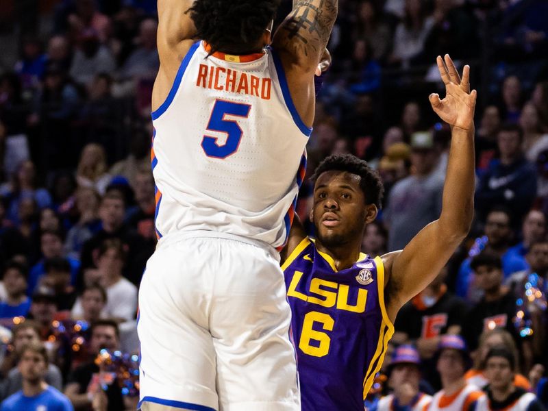 Feb 13, 2024; Gainesville, Florida, USA; Florida Gators guard Will Richard (5) steals a pass from LSU Tigers guard Jordan Wright (6) during the first half at Exactech Arena at the Stephen C. O'Connell Center. Mandatory Credit: Matt Pendleton-USA TODAY Sports