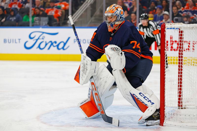 Dec 14, 2023; Edmonton, Alberta, CAN; Edmonton Oilers goaltender Stuart Skinner (74) follows the play against the Tampa Bay Lightning at Rogers Place. Mandatory Credit: Perry Nelson-USA TODAY Sports