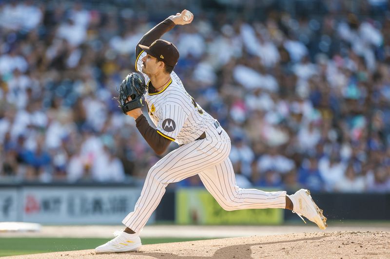 Jul 31, 2024; San Diego, California, USA; San Diego Padres starting pitcher Dylan Cease (84) pitches during the first inning against the Los Angeles Dodgers at Petco Park. Mandatory Credit: David Frerker-USA TODAY Sports