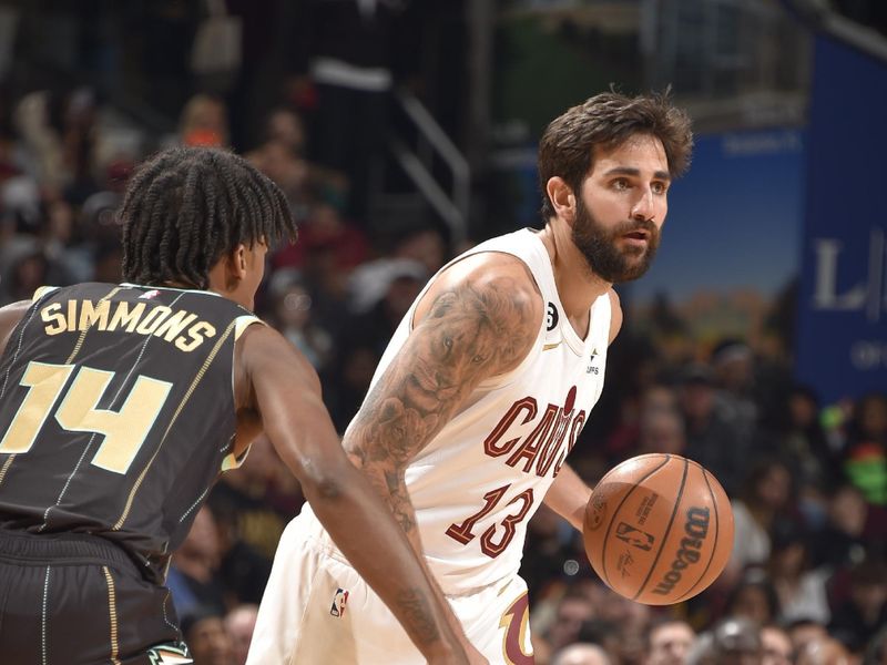 CLEVELAND, OH - APRIL 9: Ricky Rubio #13 of the Cleveland Cavaliers handles the ball during the game against the Charlotte Hornets on April 9, 2023 at Rocket Mortgage FieldHouse in Cleveland, Ohio. NOTE TO USER: User expressly acknowledges and agrees that, by downloading and/or using this Photograph, user is consenting to the terms and conditions of the Getty Images License Agreement. Mandatory Copyright Notice: Copyright 2023 NBAE (Photo by David Liam Kyle/NBAE via Getty Images)