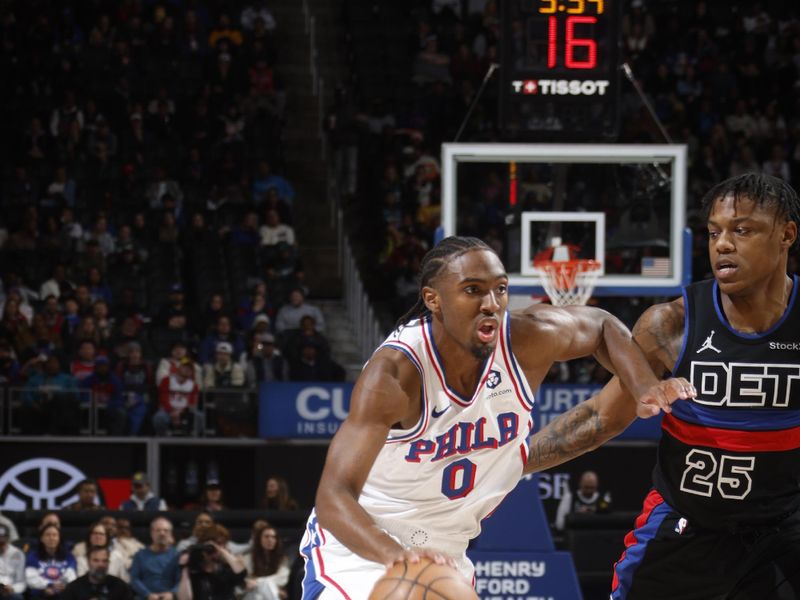 DETROIT, MI - NOVEMBER 30: Tyrese Maxey #0 of the Philadelphia 76ers dribbles the ball during the game against the Detroit Pistons  during a regular season game on November 30, 2024 at Little Caesars Arena in Detroit, Michigan. NOTE TO USER: User expressly acknowledges and agrees that, by downloading and/or using this photograph, User is consenting to the terms and conditions of the Getty Images License Agreement. Mandatory Copyright Notice: Copyright 2024 NBAE (Photo by Brian Sevald/NBAE via Getty Images)