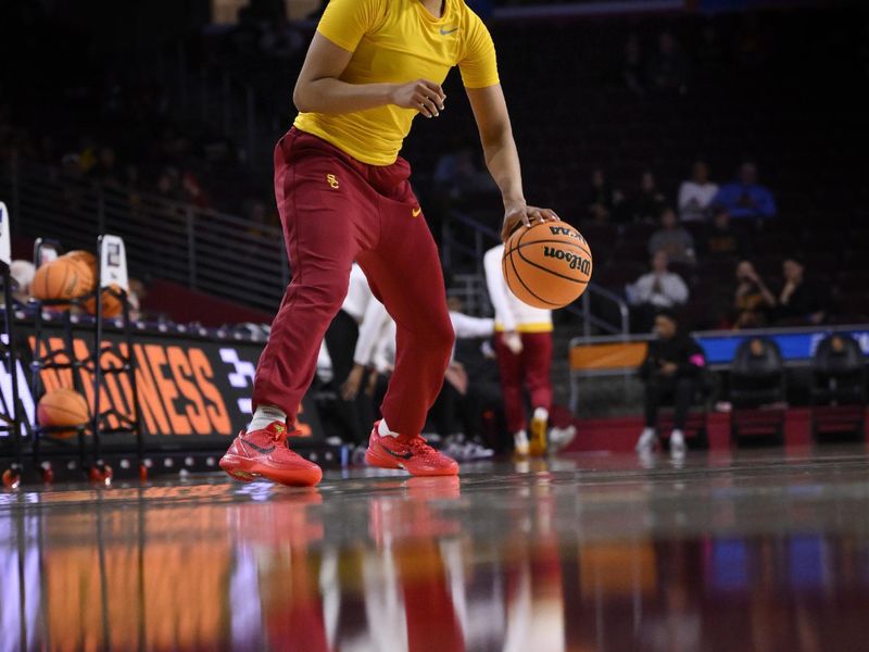 Mar 25, 2024; Los Angeles, CA, USA; USC Trojans guard JuJu Watkins during pregame warmups before playing the Kansas Jayhawks at an NCAA Women’s Tournament 2nd round game at Galen Center. Mandatory Credit: Robert Hanashiro-USA TODAY Sports