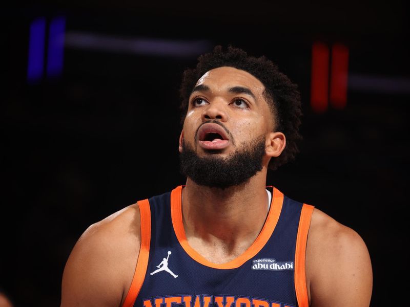 NEW YORK, NY - NOVEMBER 8: Karl-Anthony Towns #32 of the New York Knicks shoots a free throw during the game against the Milwaukee Bucks on November 8, 2024 at Madison Square Garden in New York City, New York.  NOTE TO USER: User expressly acknowledges and agrees that, by downloading and or using this photograph, User is consenting to the terms and conditions of the Getty Images License Agreement. Mandatory Copyright Notice: Copyright 2024 NBAE  (Photo by Nathaniel S. Butler/NBAE via Getty Images)