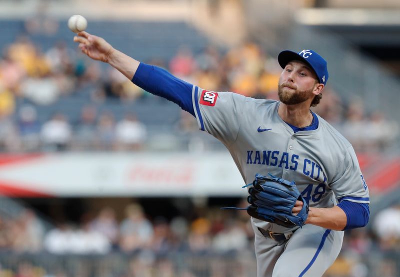 Sep 13, 2024; Pittsburgh, Pennsylvania, USA;  Kansas City Royals starting pitcher Alec Marsh (48) delivers a pitch against the Pittsburgh Pirates during the first inning at PNC Park. Mandatory Credit: Charles LeClaire-Imagn Images