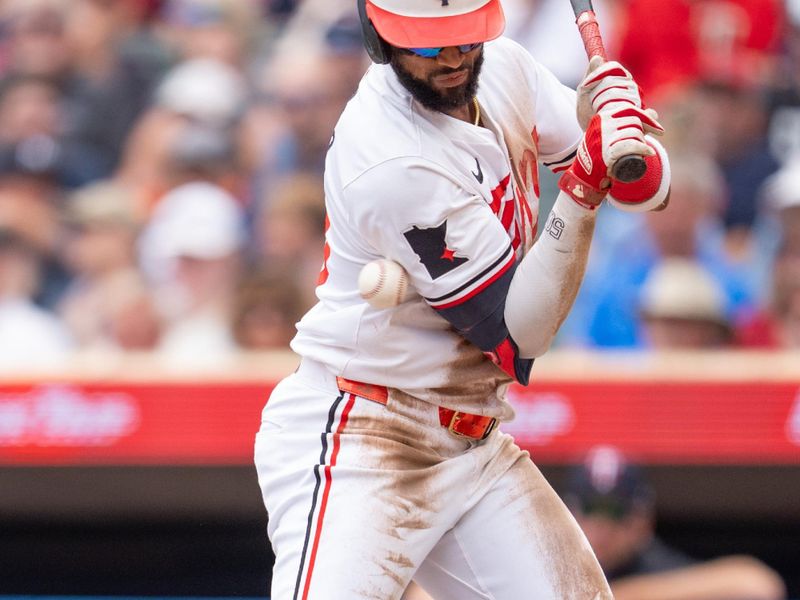 Jul 21, 2024; Minneapolis, Minnesota, USA; Minnesota Twins shortstop Willi Castro (50) is hit by a pitch by Milwaukee Brewers pitcher Aaron Civale (32) in the second inning at Target Field. Mandatory Credit: Matt Blewett-USA TODAY Sports