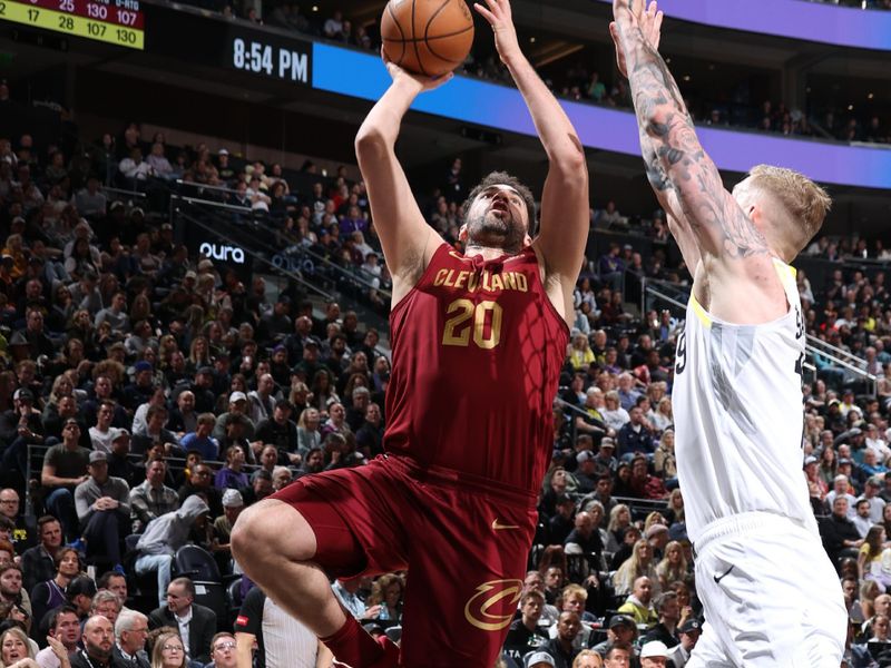 SALT LAKE CITY, UT - APRIL 2: Georges Niang #20 of the Cleveland Cavaliers shoots the ball during the game against the Utah Jazz on April 2, 2024 at Delta Center in Salt Lake City, Utah. NOTE TO USER: User expressly acknowledges and agrees that, by downloading and or using this Photograph, User is consenting to the terms and conditions of the Getty Images License Agreement. Mandatory Copyright Notice: Copyright 2024 NBAE (Photo by Melissa Majchrzak/NBAE via Getty Images)