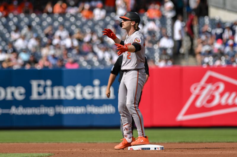 Jun 20, 2024; Bronx, New York, USA; Baltimore Orioles shortstop Gunnar Henderson (2) reacts after hitting a double against the New York Yankees during the first inning at Yankee Stadium. Mandatory Credit: John Jones-USA TODAY Sports