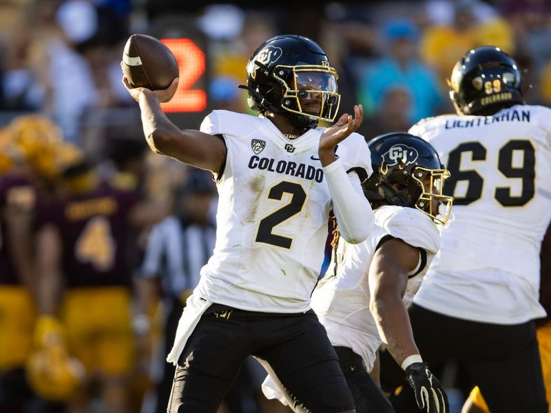 Oct 7, 2023; Tempe, Arizona, USA; Colorado Buffaloes quarterback Shedeur Sanders (2) against the Arizona State Sun Devils in the first half at Mountain America Stadium, Home of the ASU Sun Devils. Mandatory Credit: Mark J. Rebilas-USA TODAY Sports