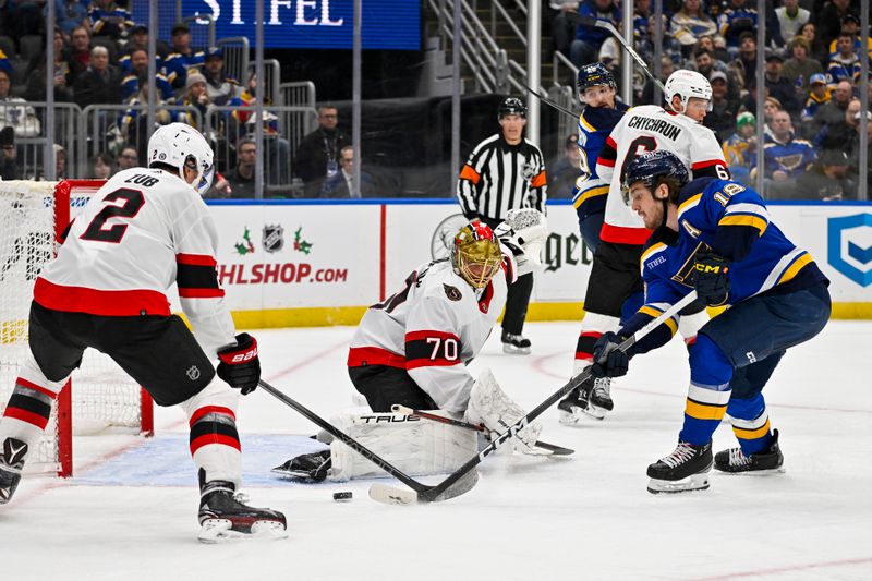 Dec 14, 2023; St. Louis, Missouri, USA;  St. Louis Blues center Robert Thomas (18) shoots and scores against Ottawa Senators goaltender Joonas Korpisalo (70) during the second period at Enterprise Center. Mandatory Credit: Jeff Curry-USA TODAY Sports