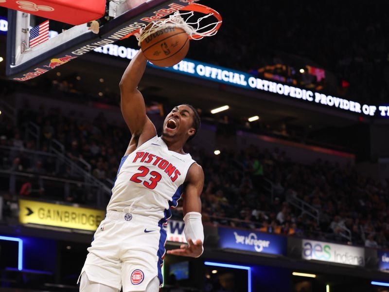 INDIANAPOLIS, IN - NOVEMBER 29: Jaden Ivey #23 of the Detroit Pistons dunks the ball during the game against the Indiana Pacers during the Emirates NBA Cup game on November 29, 2024 at Gainbridge Fieldhouse in Indianapolis, Indiana. NOTE TO USER: User expressly acknowledges and agrees that, by downloading and or using this Photograph, user is consenting to the terms and conditions of the Getty Images License Agreement. Mandatory Copyright Notice: Copyright 2024 NBAE (Photo by Pepper Robinson/NBAE via Getty Images)