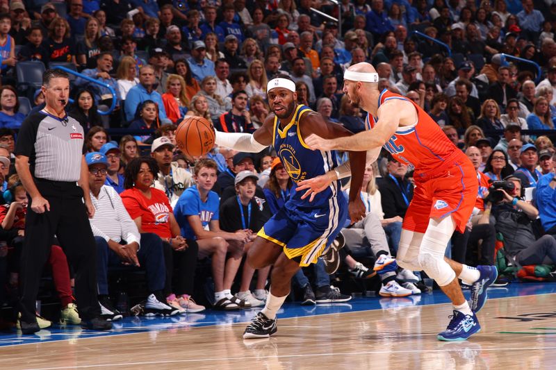 OKLAHOMA CITY, OK - NOVEMBER 10: Buddy Hield #7 of the Golden State Warriors dribbles the ball during the game against the Oklahoma City Thunder on November 10, 2024 at Paycom Center in Oklahoma City, Oklahoma. NOTE TO USER: User expressly acknowledges and agrees that, by downloading and or using this photograph, User is consenting to the terms and conditions of the Getty Images License Agreement. Mandatory Copyright Notice: Copyright 2024 NBAE (Photo by Zach Beeker/NBAE via Getty Images)