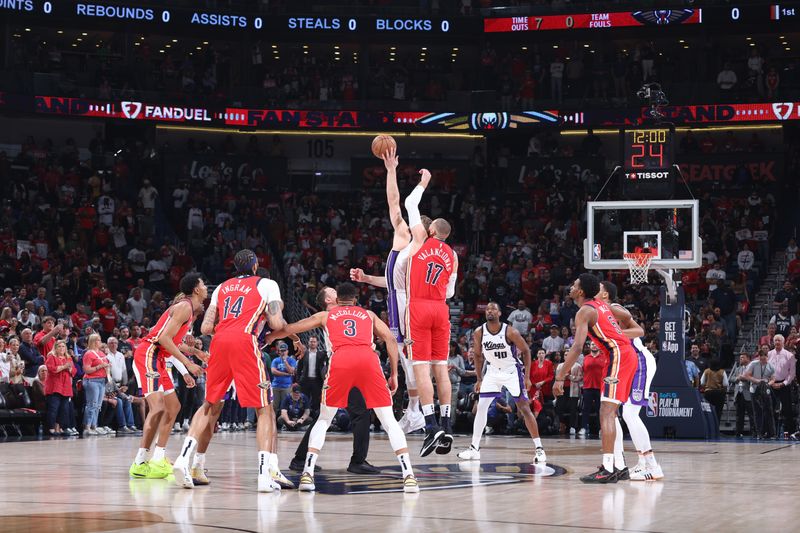 NEW ORLEANS, LA - APRIL 19:  Open tip-off between Jonas Valanciunas #17 of the New Orleans Pelicans & Domantas Sabonis #10 of the Sacramento Kings during the 2024 Play-In Tournament on April 19, 2024 at the Smoothie King Center in New Orleans, Louisiana. NOTE TO USER: User expressly acknowledges and agrees that, by downloading and or using this Photograph, user is consenting to the terms and conditions of the Getty Images License Agreement. Mandatory Copyright Notice: Copyright 2024 NBAE (Photo by Jeff Haynes./NBAE via Getty Images)