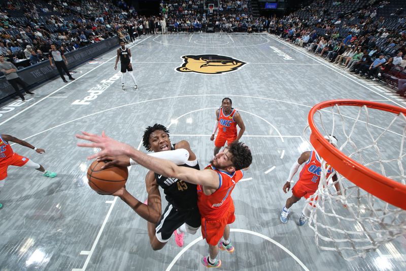 MEMPHIS, TN - MARCH 16:  GG Jackson #45 of the Memphis Grizzlies drives to the basket during the game against the Oklahoma City Thunder on March 16, 2024 at FedExForum in Memphis, Tennessee. NOTE TO USER: User expressly acknowledges and agrees that, by downloading and or using this photograph, User is consenting to the terms and conditions of the Getty Images License Agreement. Mandatory Copyright Notice: Copyright 2024 NBAE (Photo by Joe Murphy/NBAE via Getty Images)