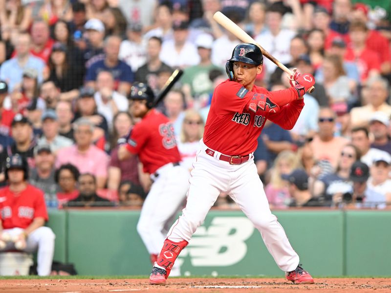 Jun 29, 2023; Boston, Massachusetts, USA; Boston Red Sox left fielder Masataka Yoshida (7) bats against the Miami Marlins during the second inning at Fenway Park. Mandatory Credit: Brian Fluharty-USA TODAY Sports