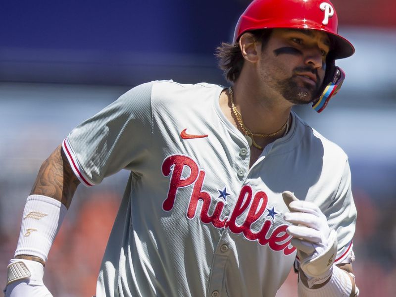 May 29, 2024; San Francisco, California, USA; Philadelphia Phillies right fielder Nick Castellanos (8) runs out his two-run home run against the San Francisco Giants during the fifth inning at Oracle Park. Mandatory Credit: D. Ross Cameron-USA TODAY Sports