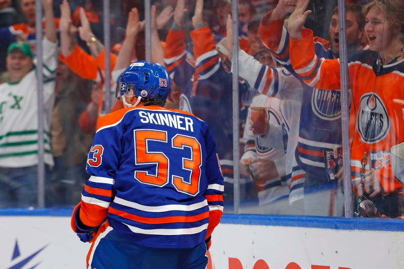 Oct 13, 2024; Edmonton, Alberta, CAN;  Edmonton Oilers forward Jeff Skinner (53) celebrates after scoring a goal during the first period against the Calgary Flames at Rogers Place. Mandatory Credit: Perry Nelson-Imagn Images