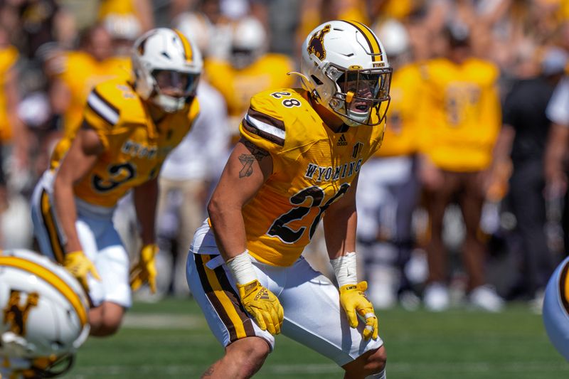 Sep 3, 2022; Laramie, Wyoming, USA; Wyoming Cowboys linebacker Easton Gibbs (28) waits for the snap against the Tulsa Golden Hurricane during the first quarter at Jonah Field at War Memorial Stadium. Mandatory Credit: Troy Babbitt-USA TODAY Sports