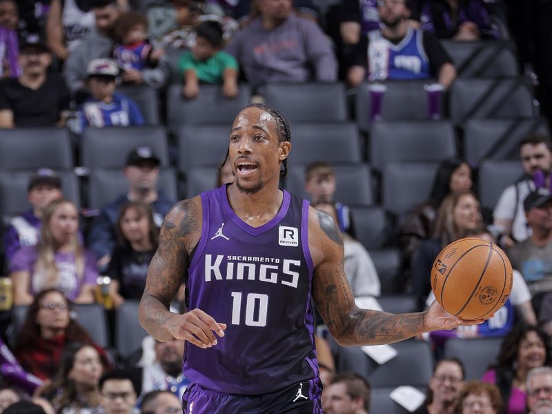 SACRAMENTO, CA - DECEMBER 8: DeMar DeRozan #10 of the Sacramento Kings dribbles the ball during the game against the Utah Jazz on December 8, 2024 at Golden 1 Center in Sacramento, California. NOTE TO USER: User expressly acknowledges and agrees that, by downloading and or using this Photograph, user is consenting to the terms and conditions of the Getty Images License Agreement. Mandatory Copyright Notice: Copyright 2024 NBAE (Photo by Rocky Widner/NBAE via Getty Images)