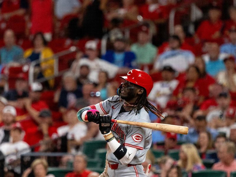 Jun 27, 2024; St. Louis, Missouri, USA; Cincinnati Reds shortstop Elly De La Cruz (44) hits a single against the St. Louis Cardinals in the eighth inning at Busch Stadium. Mandatory Credit: Zach Dalin-USA TODAY Sports