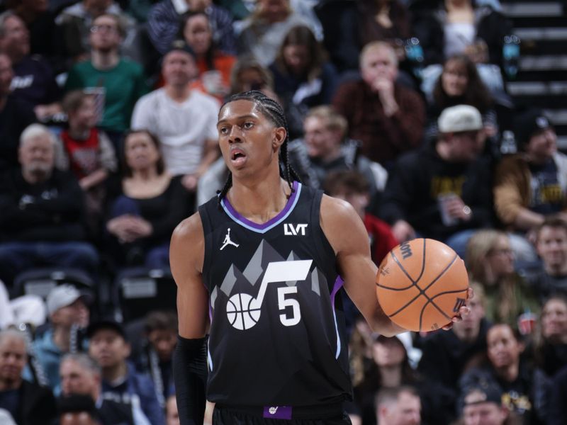 SALT LAKE CITY, UT - JANUARY 7: Cody Williams #5 of the Utah Jazz dribbles the ball during the game against the Atlanta Hawks on January 7, 2025 at Delta Center in Salt Lake City, Utah. NOTE TO USER: User expressly acknowledges and agrees that, by downloading and or using this Photograph, User is consenting to the terms and conditions of the Getty Images License Agreement. Mandatory Copyright Notice: Copyright 2025 NBAE (Photo by Melissa Majchrzak/NBAE via Getty Images)