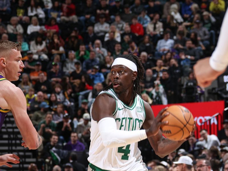 SALT LAKE CITY, UT - MARCH 12:  Jrue Holiday #4 of the Boston Celtics handles the ball during the game  on March 12, 2024 at Delta Center in Salt Lake City, Utah. NOTE TO USER: User expressly acknowledges and agrees that, by downloading and or using this Photograph, User is consenting to the terms and conditions of the Getty Images License Agreement. Mandatory Copyright Notice: Copyright 2024 NBAE (Photo by Melissa Majchrzak/NBAE via Getty Images)