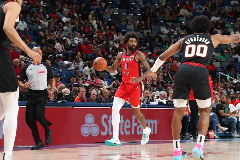 NEW ORLEANS, LA - MARCH 16: Naji Marshall #8 of the New Orleans Pelicans dribbles the ball during the game against the Portland Trail Blazers on March 16, 2024 at the Smoothie King Center in New Orleans, Louisiana. NOTE TO USER: User expressly acknowledges and agrees that, by downloading and or using this Photograph, user is consenting to the terms and conditions of the Getty Images License Agreement. Mandatory Copyright Notice: Copyright 2024 NBAE (Photo by Layne Murdoch Jr./NBAE via Getty Images)