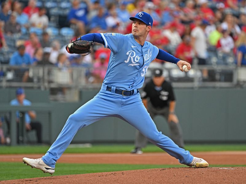 Aug 12, 2023; Kansas City, Missouri, USA;  Kansas City Royals starting pitcher Cole Ragans (55) delivers a pitch in the first inning against the St. Louis Cardinals at Kauffman Stadium. Mandatory Credit: Peter Aiken-USA TODAY Sports