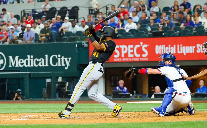 Aug 20, 2024; Arlington, Texas, USA; Pittsburgh Pirates right fielder Bryan De La Cruz (41) hits a two-run single during the fourth inning against the Texas Rangers at Globe Life Field. Mandatory Credit: Kevin Jairaj-USA TODAY Sports