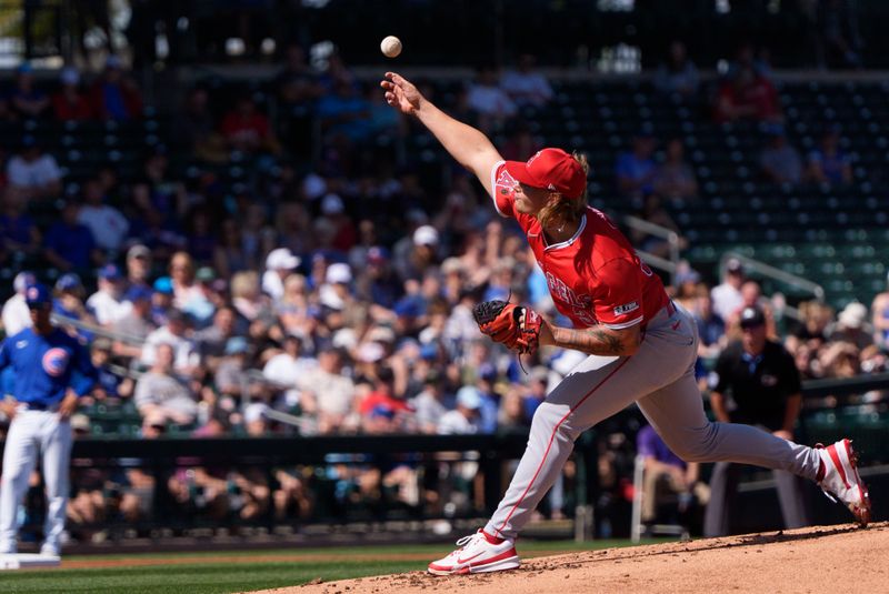 Feb 27, 2025; Mesa, Arizona, USA; Los Angeles Angels pitcher Caden Dana (36) throws a pitch in the first inning during a spring training game against the Chicago Cubs at Sloan Park. Mandatory Credit: Allan Henry-Imagn Images