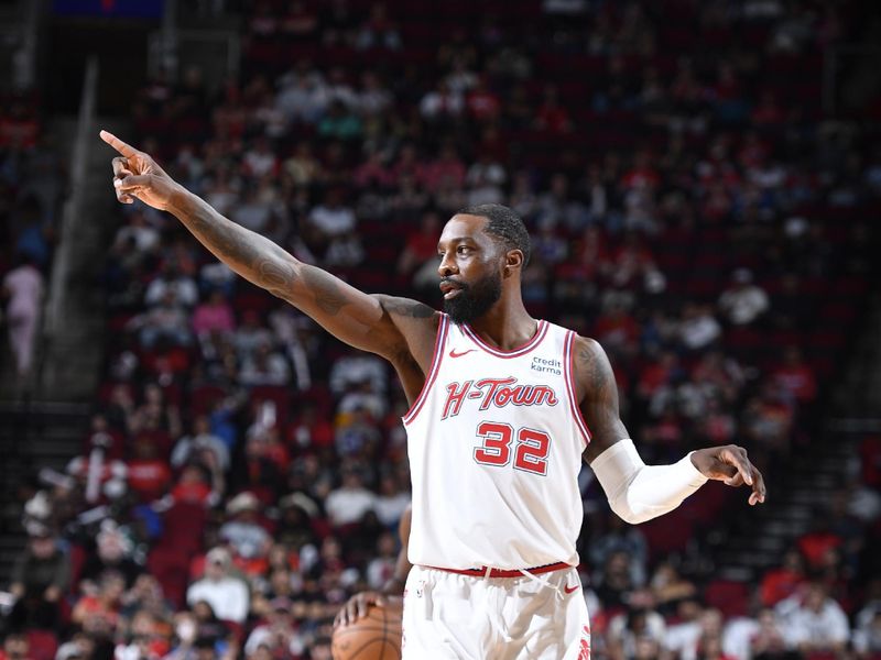 HOUSTON, TX - MARCH 23:  Jeff Green #32 of the Houston Rockets  looks on during the game against the Utah Jazz on March 23, 2024 at the Toyota Center in Houston, Texas. NOTE TO USER: User expressly acknowledges and agrees that, by downloading and or using this photograph, User is consenting to the terms and conditions of the Getty Images License Agreement. Mandatory Copyright Notice: Copyright 2024 NBAE (Photo by Logan Riely/NBAE via Getty Images)