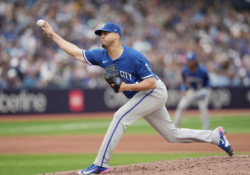 Sep 9, 2023; Toronto, Ontario, CAN; Kansas City Royals relief pitcher Steven Cruz (64) pitches against the Toronto Blue Jays during the seventh inning at Rogers Centre. Mandatory Credit: Nick Turchiaro-USA TODAY Sports