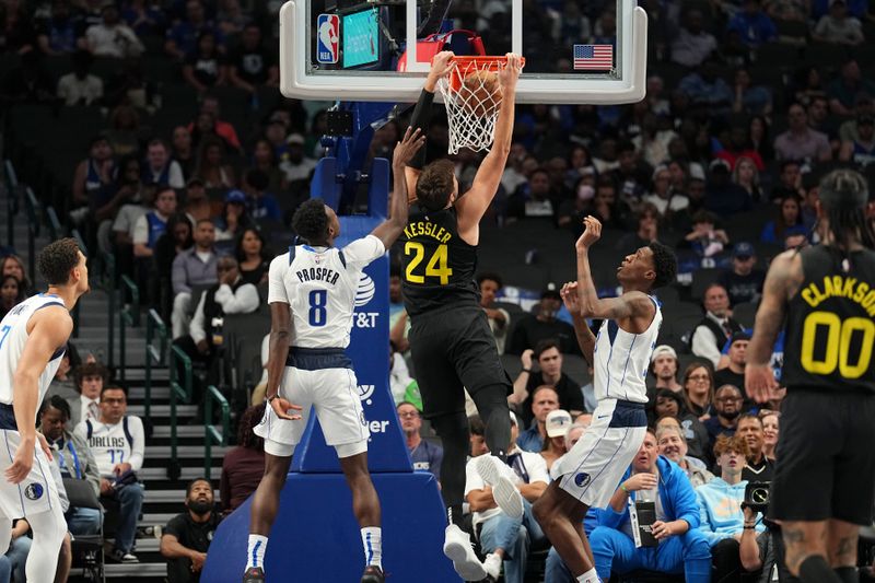 DALLAS, TX - OCTOBER 10: Walker Kessler #24 of the Utah Jazz dunks the ball during the game against the Utah Jazz on October 10, 2024 at American Airlines Center in Dallas, Texas. NOTE TO USER: User expressly acknowledges and agrees that, by downloading and or using this photograph, User is consenting to the terms and conditions of the Getty Images License Agreement. Mandatory Copyright Notice: Copyright 2024 NBAE (Photo by Glenn James/NBAE via Getty Images)