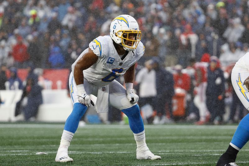 Los Angeles Chargers linebacker Eric Kendricks during an NFL football game against the New England Patriots at Gillette Stadium, Sunday, Dec. 3, 2023 in Foxborough, Mass. (Winslow Townson/AP Images for Panini)