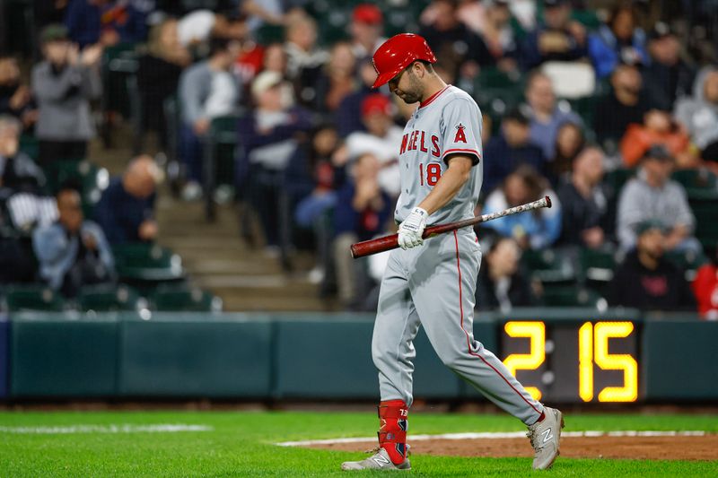 Sep 24, 2024; Chicago, Illinois, USA; Los Angeles Angels first baseman Nolan Schanuel (18) reacts after striking out against the Chicago White Sox during the sixth inning at Guaranteed Rate Field. Mandatory Credit: Kamil Krzaczynski-Imagn Images