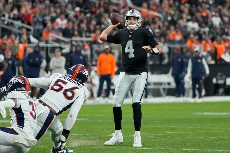 Las Vegas Raiders quarterback Aidan O'Connell (4) plays against the Denver Broncos during the first half of an NFL football game, Sunday, Jan. 7, 2024, in Las Vegas. (AP Photo/John Locher)