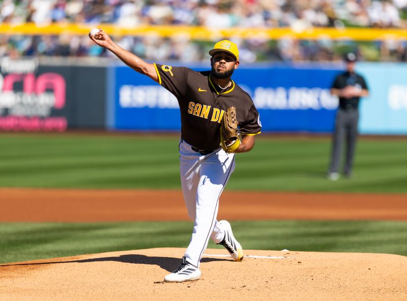 Feb 22, 2026; Peoria, Arizona, USA; San Diego Padres pitcher Randy Vasquez against the Los Angeles Dodgers during a spring training game at Peoria Sports Complex. Mandatory Credit: Mark J. Rebilas-Imagn Images