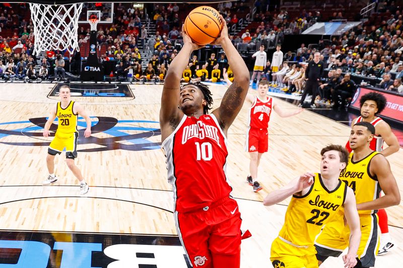 Mar 9, 2023; Chicago, IL, USA; Ohio State Buckeyes forward Brice Sensabaugh (10) goes to the basket against the Iowa Hawkeyes during the second half at United Center. Mandatory Credit: Kamil Krzaczynski-USA TODAY Sports