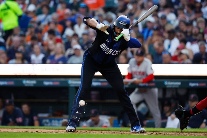 Aug 30, 2024; Detroit, Michigan, USA;  Detroit Tigers outfielder Riley Greene (31) hit by a pitch in the third inning against the Boston Red Sox at Comerica Park. Mandatory Credit: Rick Osentoski-USA TODAY Sports