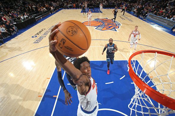 NEW YORK, NY - JANUARY 1: OG Anunoby #8 of the New York Knicks dunks the ball during the game against the Minnesota Timberwolves on January 1, 2024 at Madison Square Garden in New York City, New York.  NOTE TO USER: User expressly acknowledges and agrees that, by downloading and or using this photograph, User is consenting to the terms and conditions of the Getty Images License Agreement. Mandatory Copyright Notice: Copyright 2024 NBAE  (Photo by Nathaniel S. Butler/NBAE via Getty Images)