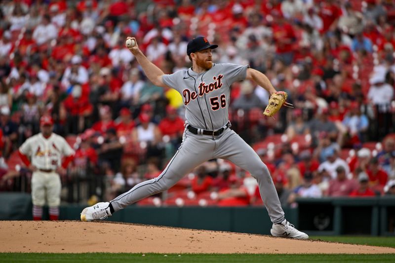 May 6, 2023; St. Louis, Missouri, USA;  Detroit Tigers starting pitcher Spencer Turnbull (56) pitches against the St. Louis Cardinals during the third inning at Busch Stadium. Mandatory Credit: Jeff Curry-USA TODAY Sports