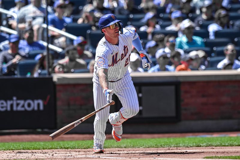 Apr 12, 2023; New York City, New York, USA; New York Mets first baseman Pete Alonso (20) hits a single against the San Diego Padres during the first inning at Citi Field. Mandatory Credit: John Jones-USA TODAY Sports