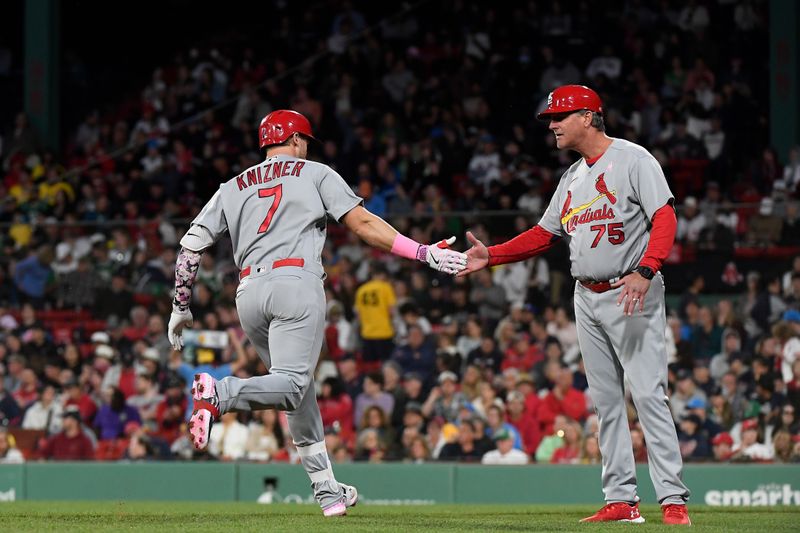 May 14, 2023; Boston, Massachusetts, USA; St. Louis Cardinals catcher Andrew Knizner (7) celebrates his two run home run against the Boston Red Sox with third base coach Ron 'Pop' Warner (75) during the fourth inning at Fenway Park. Mandatory Credit: Eric Canha-USA TODAY Sports