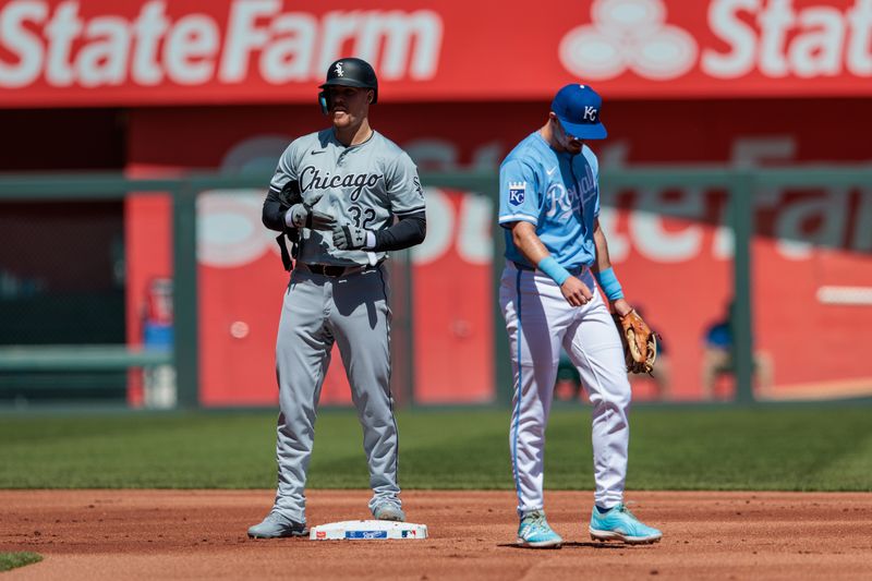 Apr 7, 2024; Kansas City, Missouri, USA; Chicago White Sox first base Gavin Sheets (32) on 2nd base after hitting a double during the first inning against the Kansas City Royals at Kauffman Stadium. Mandatory Credit: William Purnell-USA TODAY Sports