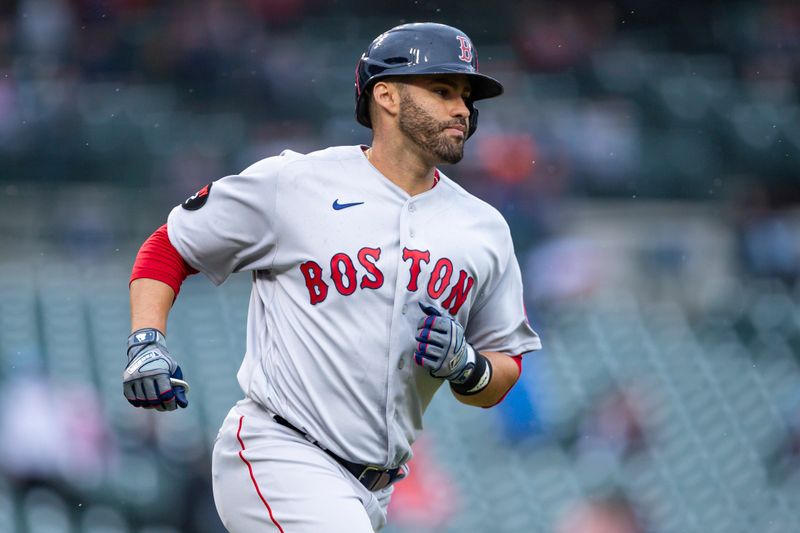 Apr 11, 2022; Detroit, Michigan, USA; Boston Red Sox designated hitter J.D. Martinez (28) rounds the bases after hitting a solo home run during the fifth inning against the Detroit Tigers at Comerica Park. Mandatory Credit: Raj Mehta-USA TODAY Sports