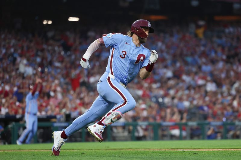 Aug 15, 2024; Philadelphia, Pennsylvania, USA; Philadelphia Phillies first base Bryce Harper (3) runs the bases after hitting an RBI single during the fourth inning against the Washington Nationals at Citizens Bank Park. Mandatory Credit: Bill Streicher-USA TODAY Sports